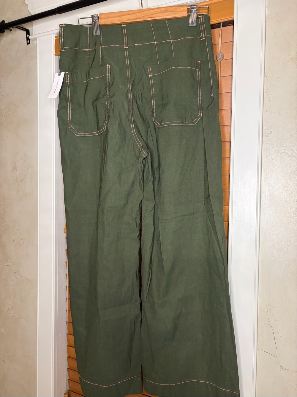 Maeve Olive Green High-Waist Wide Leg Pants with Contrast Stitching - Picture 3 of 8